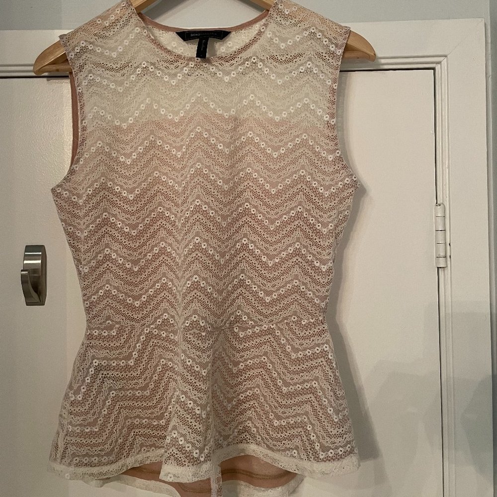 BCBG MAX AZRIA WHITE KEREN CHEVRON LACE PEPLUM TOP (semi sheer)